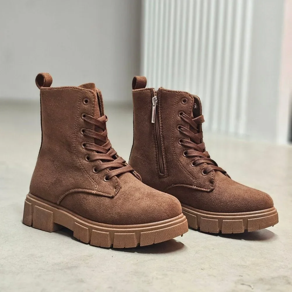 Chunky Sole Brown Faux Suede Combat Boots With Side Zipper & Lace-Up Closure For - Picture 3 of 13